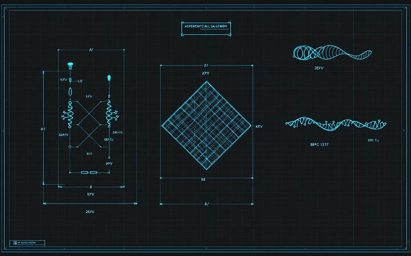 Cyan-on-off-black blueprint exploded-view of the four KLOW peptide nodes — a teal KPV chain, a cyan GHK-Cu lattice, an indigo BPC-157 ribbon and a sky-blue TB-500 bracket — wired to a central assembly callout, with one node left as an empty dashed outline marking the missing blend data